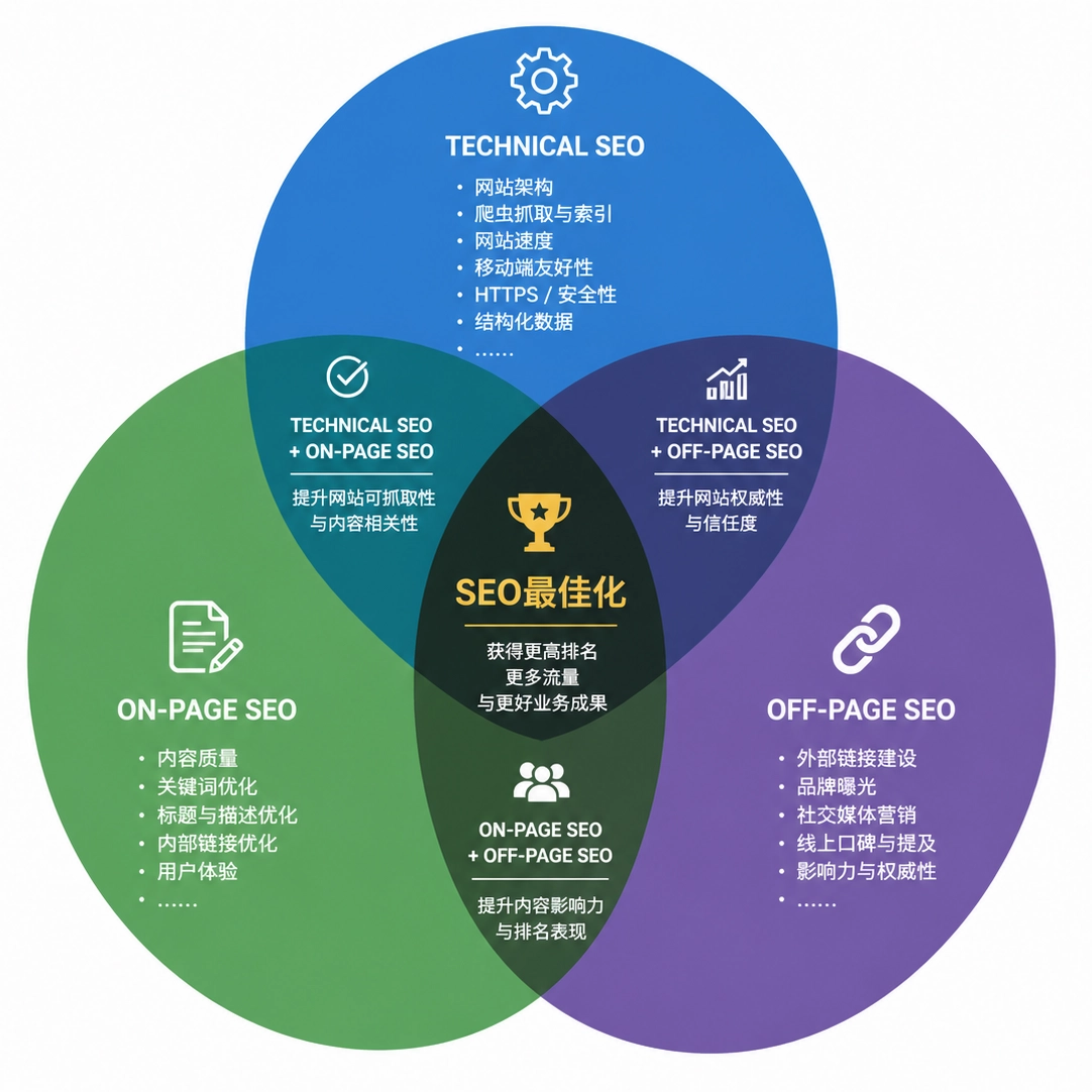 三圆维恩图，分别代表On-Page SEO、Off-Page SEO和Technical SEO，交集部分代表SEO的核心要素。