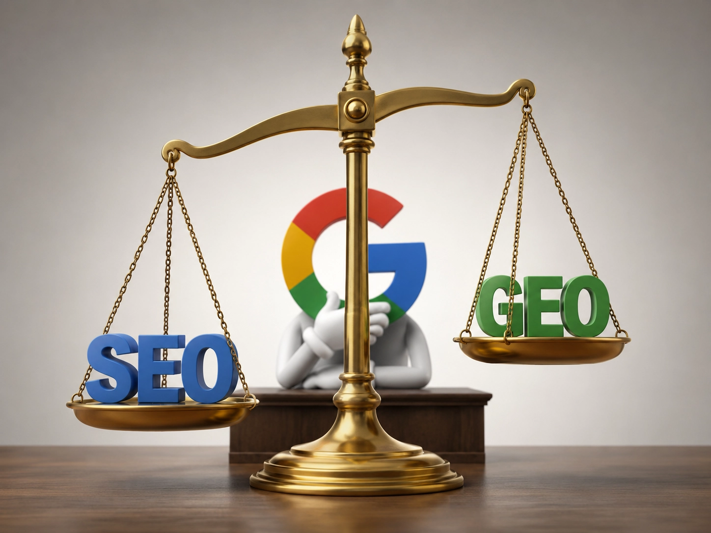 A 3D rendered scene of a gold balance scale on a desk. The left side of the scale is weighted down with large blue letters spelling “SEO,” while the right side holds green letters spelling “GEO” and sits higher. Behind the scale is a neutral background featuring a stylized Google “G” logo, with a figure partially obscured, suggesting judgment or evaluation. The composition emphasizes imbalance, with SEO appearing heavier than GEO.