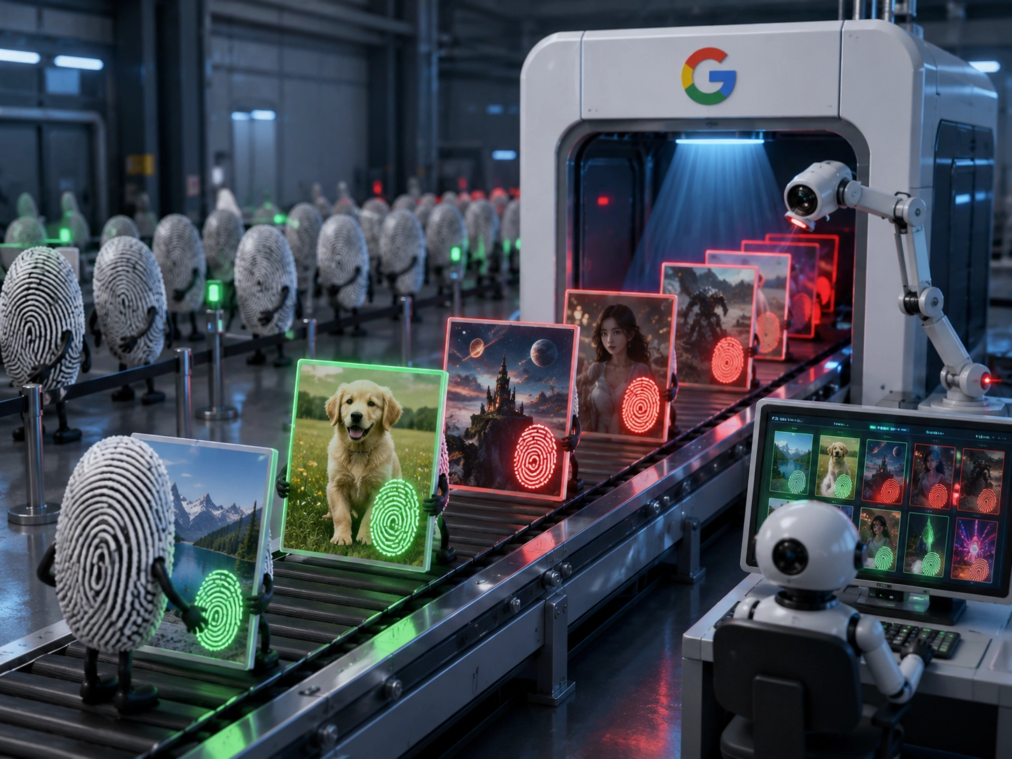 A futuristic scene showing Google-style AI image moderation inside a high-tech inspection facility. Anthropomorphic fingerprint characters stand in organized lines while carrying digital images through an automated scanning machine. Each image displays glowing fingerprint marks, symbolizing invisible AI-generated media signatures used for detection and verification. Robotic scanners and monitoring screens analyze the images under cinematic blue lighting, creating a sci-fi atmosphere focused on AI content identification, authenticity checks, and image review workflows.